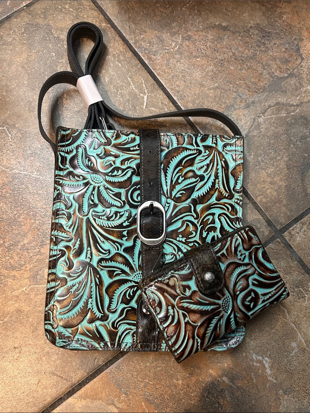 Patrica Nash Turquoise Floral Tooled Leather Crossbody Bag with Matching Wallet